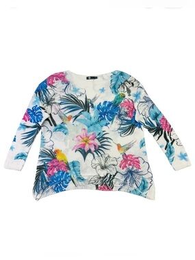 Resortwear knit womens sweater Vibrant tropical bird print relaxed fit Medium